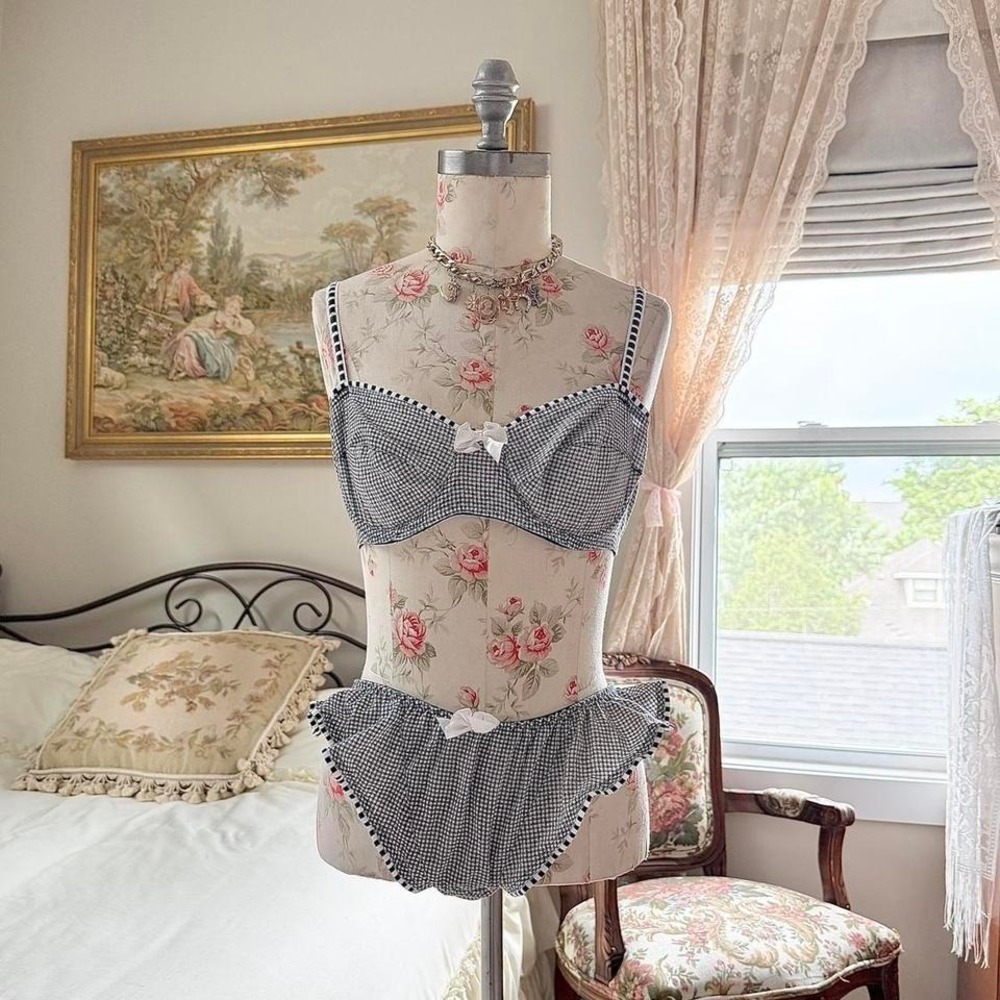 Rare 60s true vintage black white gingham bra and panty set size‎ 8